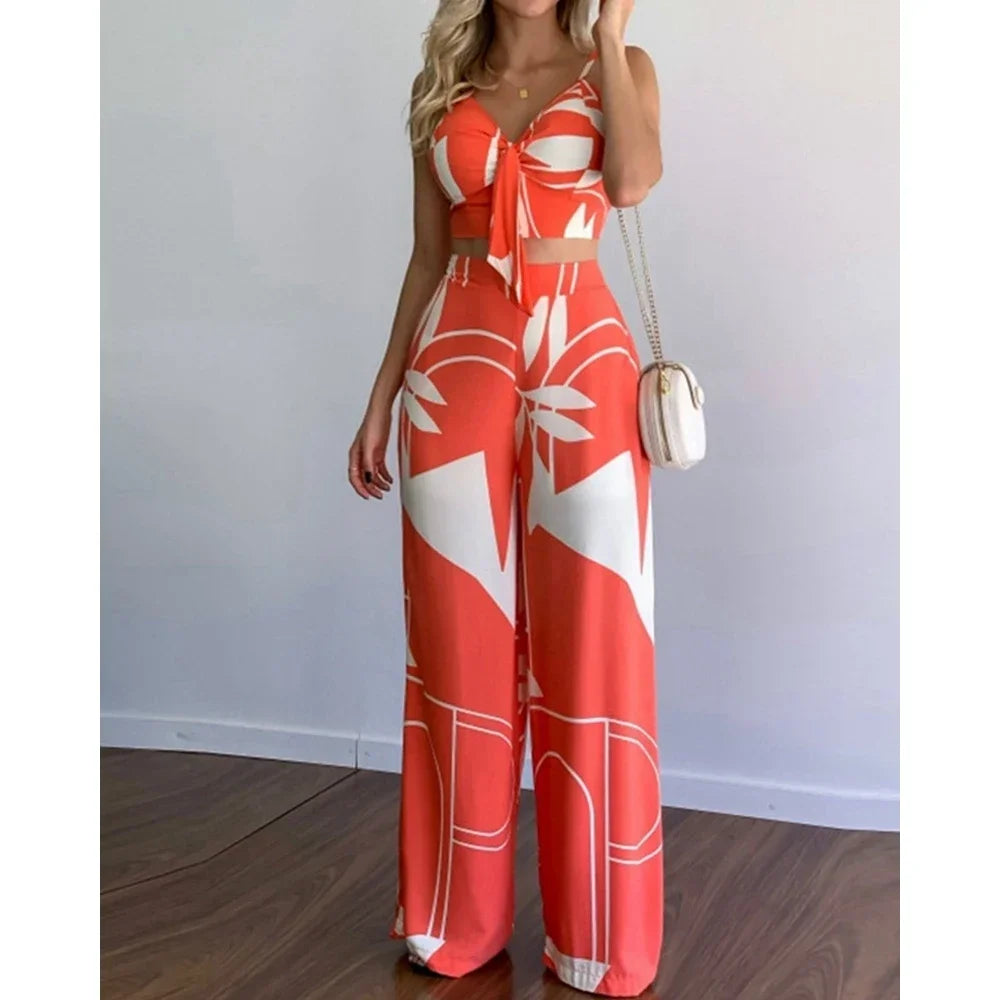 Women Summer Tropical Print Spaghetti Strap Casual Lace up Back Top &High Waist Pants Set 2 Pieces Suit Sets