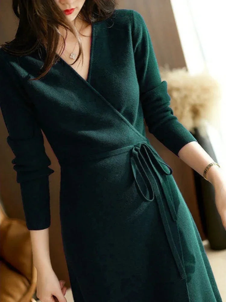 Women's Autumn Winter Sweater  V-neck Wrap Up  Clothing Loose Elegant Knitted Skirt Dresses