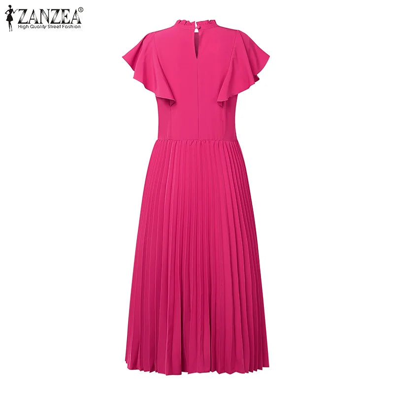 Women ZANZEA  Summer Sleeveless Pleated Vestidos Casual OL Work Sundress Zippers Fashion Solid Turtleneck Robe