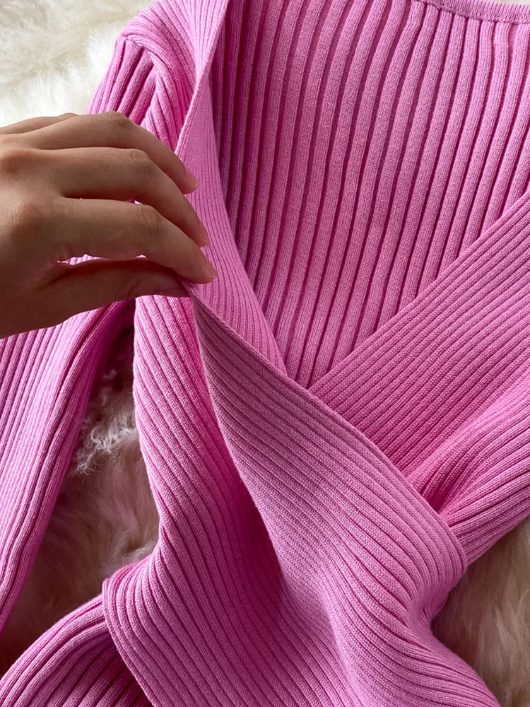 Women YuooMuoo Autumn Winter Elegant Cross V-neck Slim Waist Knitted Bodycon Office  Dress