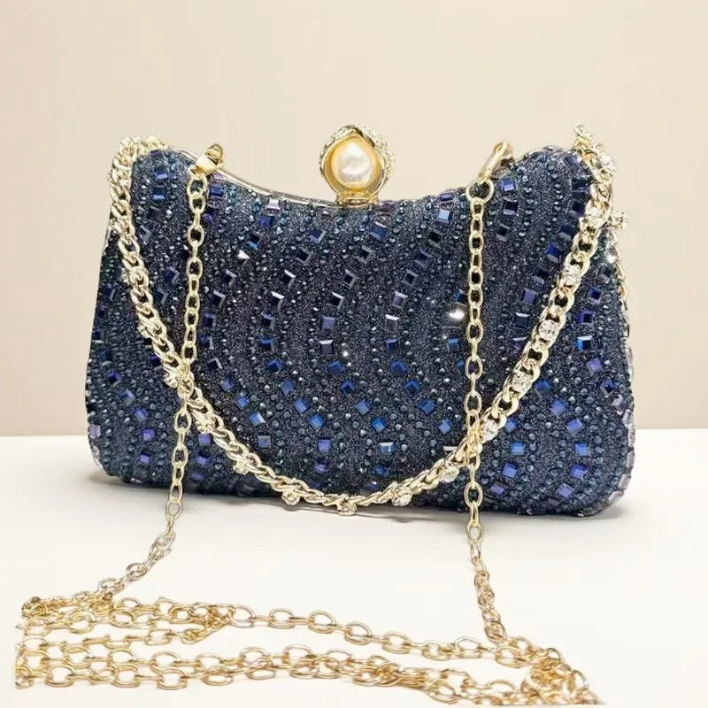 Women Fine Rhinestone Diamond Inlay Dinner Evening Retro Luxury Gold Silver Blue Small Clutch  Wedding Party Shoulder Bag