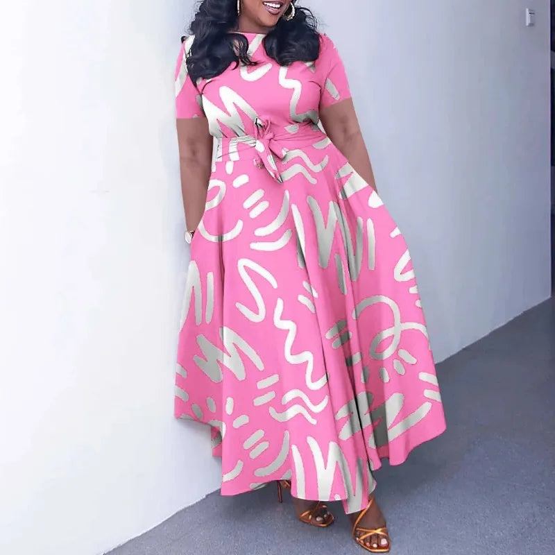 Women Dashiki Fashion Belted Maxi Long Party Dress Vintage Printed Sundress Casual Vestidos dress