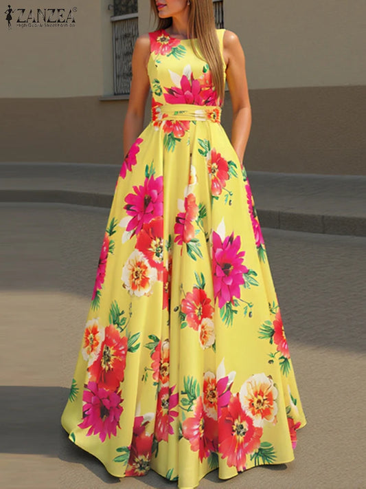 Women ZANZEA  Bohemian  Fashion Floral Printed Tank Sundress Summer Sleeveless Waisted Robe Casual Party Maxi Dresses
