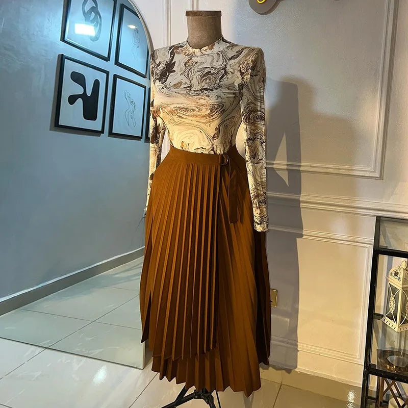 Women Skirts Pleated Irregular Solid High Waist A Line Mid Calf Skirts Elegant Lady Regular Casual Folds Summer