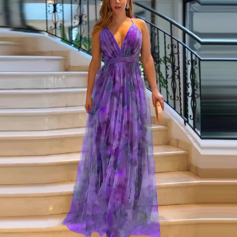 Women Elegant Strapless Mesh Print sexy sleeveless hight waistLong Dress