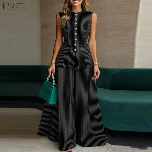 Women elegant sleeveless vest tops & wide leg pant office Outfits