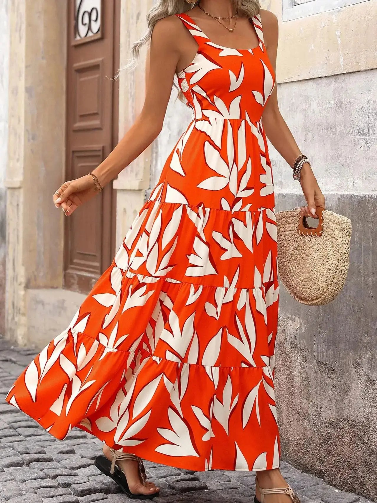 Women summer leaf print tank dress boho fashion casual ruffle trim long dress