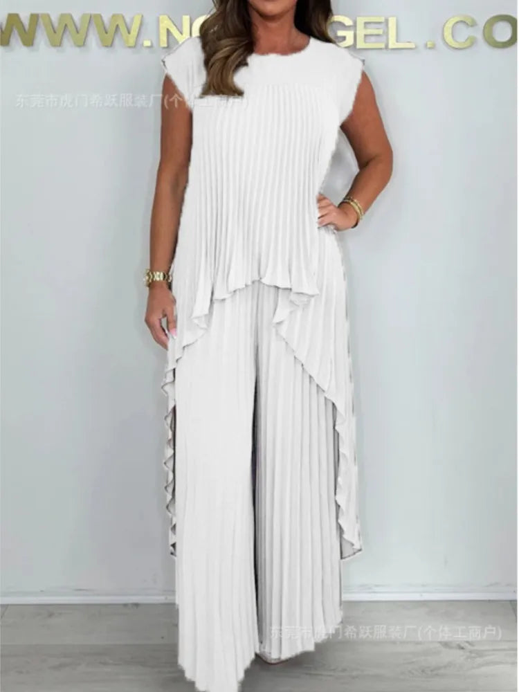 Women Summer Solid Casual Holiday Two Piece Sets Elegant Pleated Irregular O Neck Sleeveless Top + Wide-leg Pants Loose Outfits