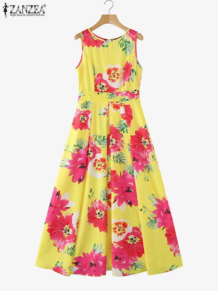 Women ZANZEA  Bohemian Dress Fashion Floral Printed Tank Sundress  Summer Sleeveless Waisted Robe Casual Party Maxi Dresses