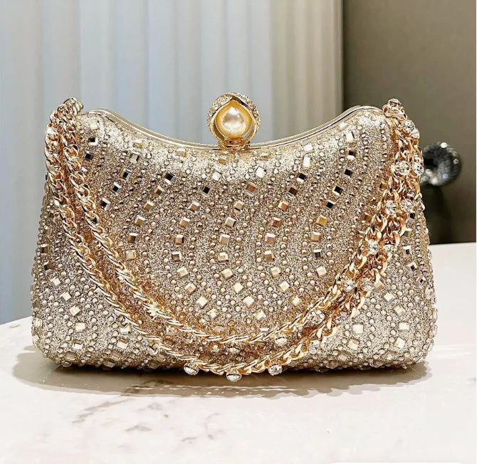 Women Fine Rhinestone Diamond Inlay Dinner Evening Retro Luxury Gold Silver Blue Small Clutch  Wedding Party Shoulder Bag