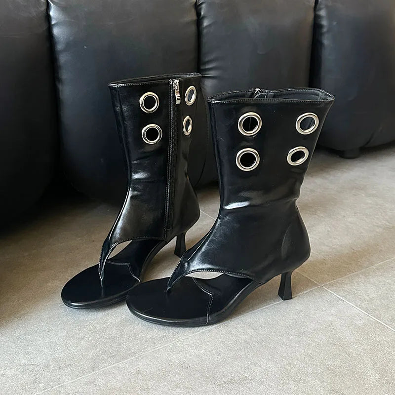 Women Summer Spring Fashion Hollow Metal Thin Heels Flip Flops Open Toe  Heel Sandals Boots Shoes