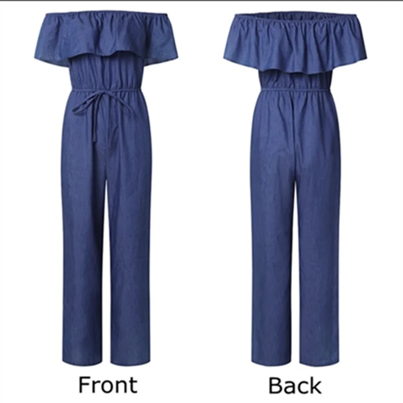 Women's sexy strapless romper-denim wide leg jumpsuit with ruffles summer beachwear