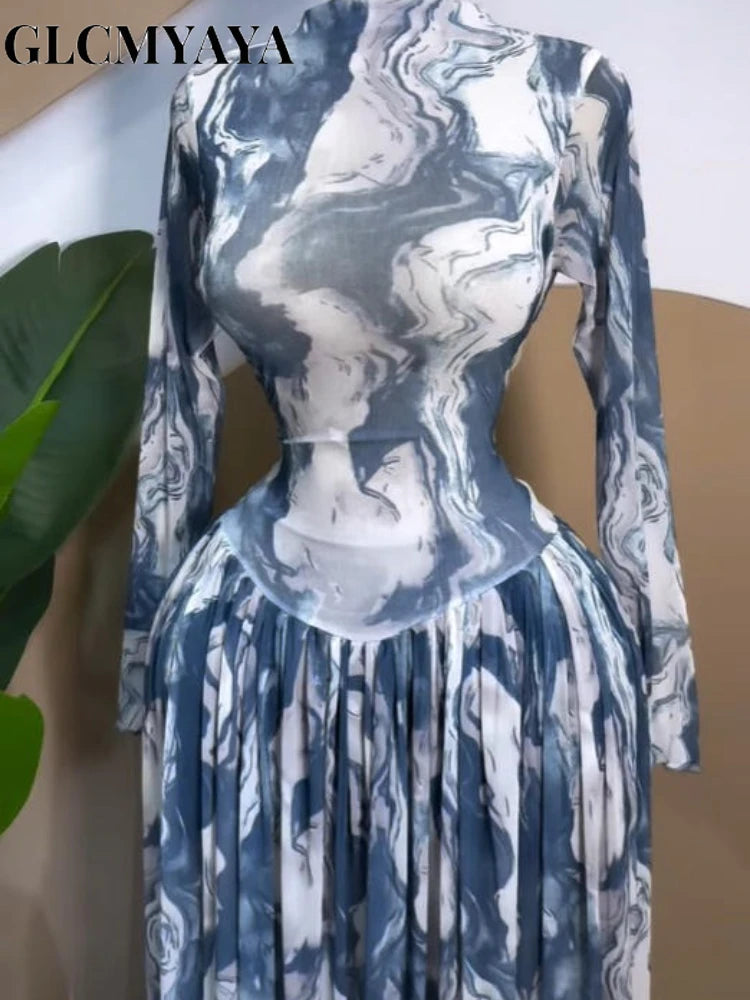 Women CM.YAYA Long Sleeve Tie Dye Print O-neck Big Swing Midi A-line Long  Evening Birthday Party Dresses