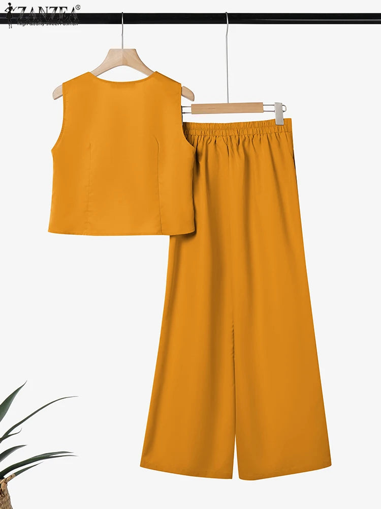 Women ZANZEA Street Fashion  2 Pieces Sets Elegant Vest Tops Wide Leg  Outfit Office Solid Color Pant Sets