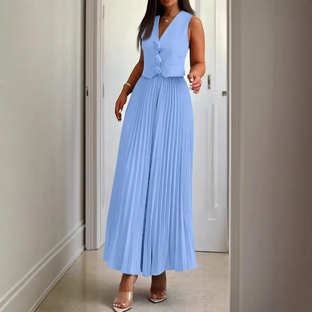Women 2pcs Office Casual Clothes Set Sleeveless Button Tank Top Vest Solid Color & Long Pleated Skirt