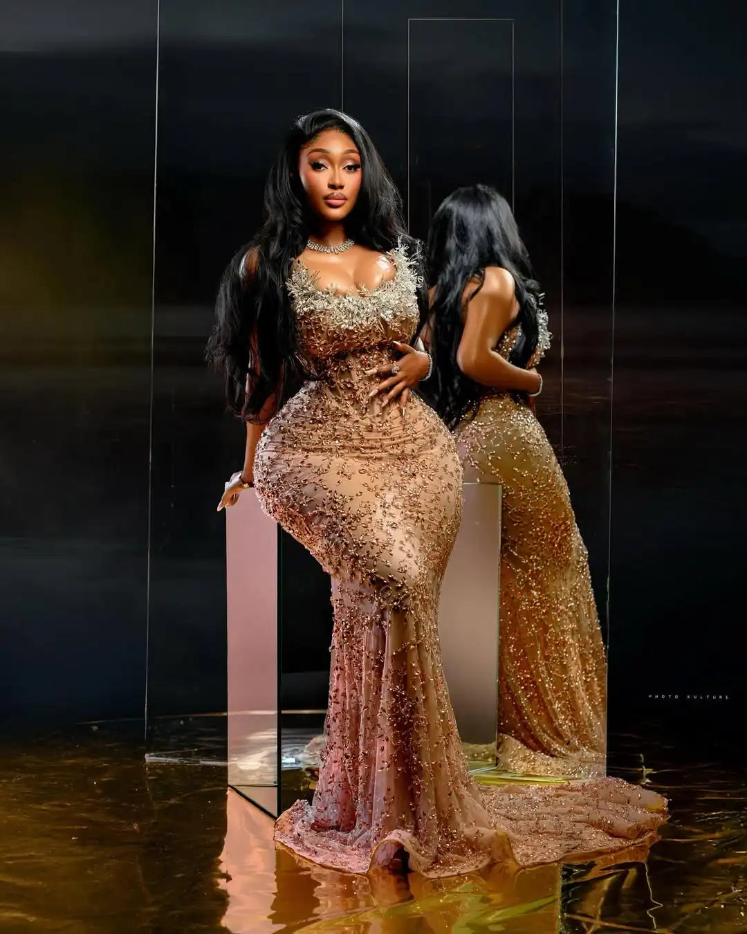 WOMEN Luxury Golden Beaded Birthday Dress Wedding Reception Gown Bridal Evening Dresses