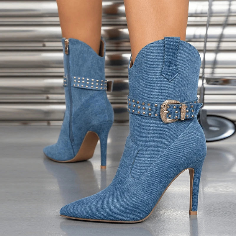 Woman Fashion Liyke Western For Rivet Belt Buckle Ankle Booties Pointed Toe High Heels  Style Cowboy Boots