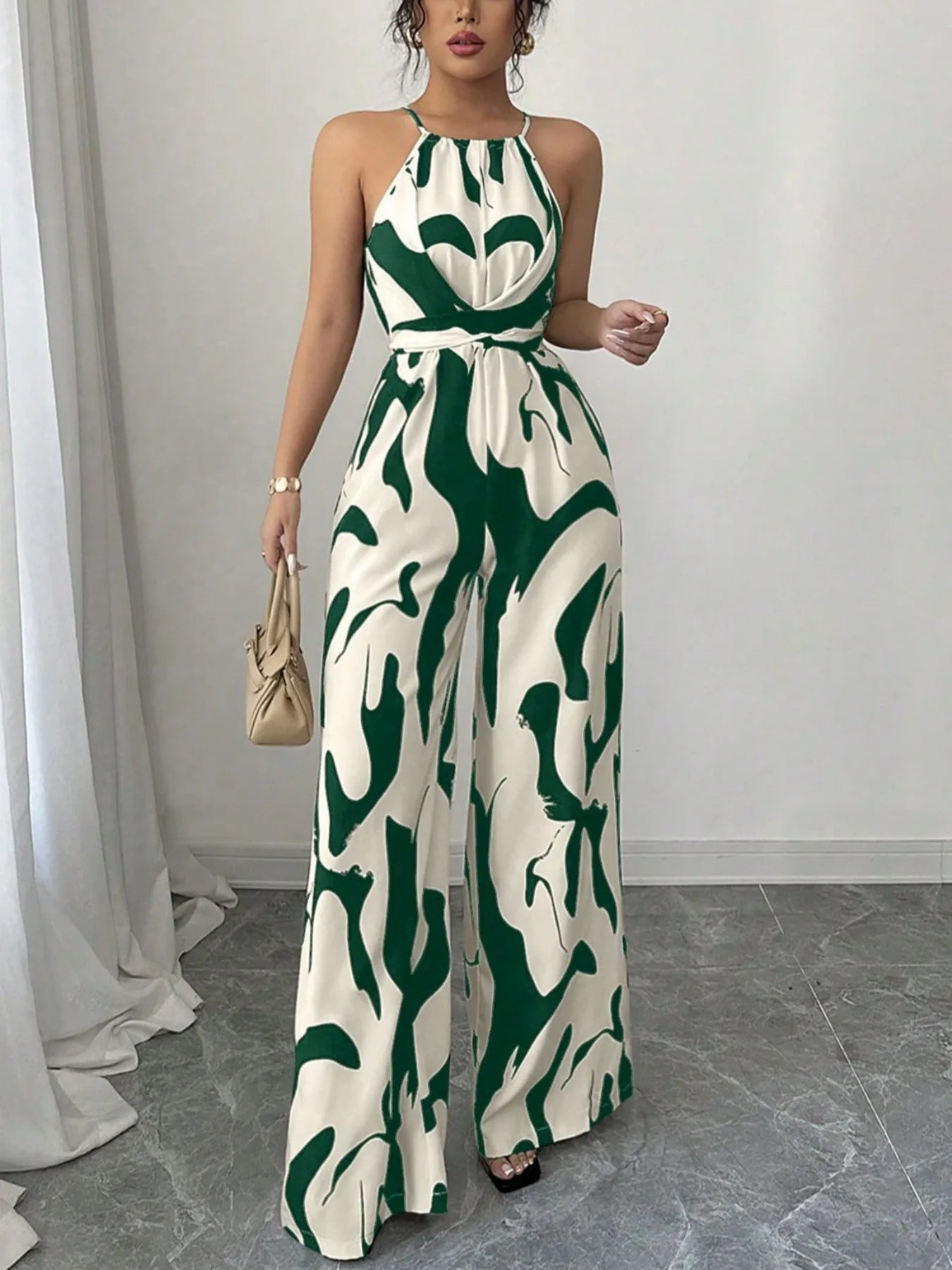 Women High end summer new retro versatile lace up waist slimming printed hanging neck jumpsuit