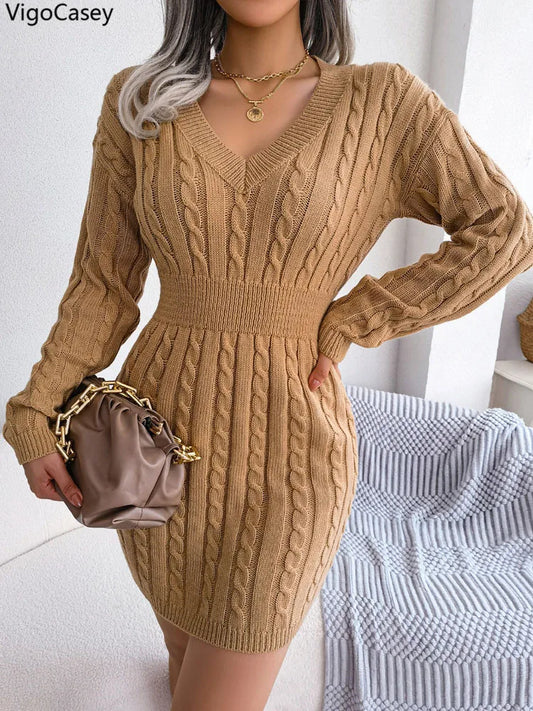 Women Vigo Casey V Neck Casual Short Knit Dress Autumn Winter Solid Long Sleeve Khaki Bodycon Knitted Dresses
