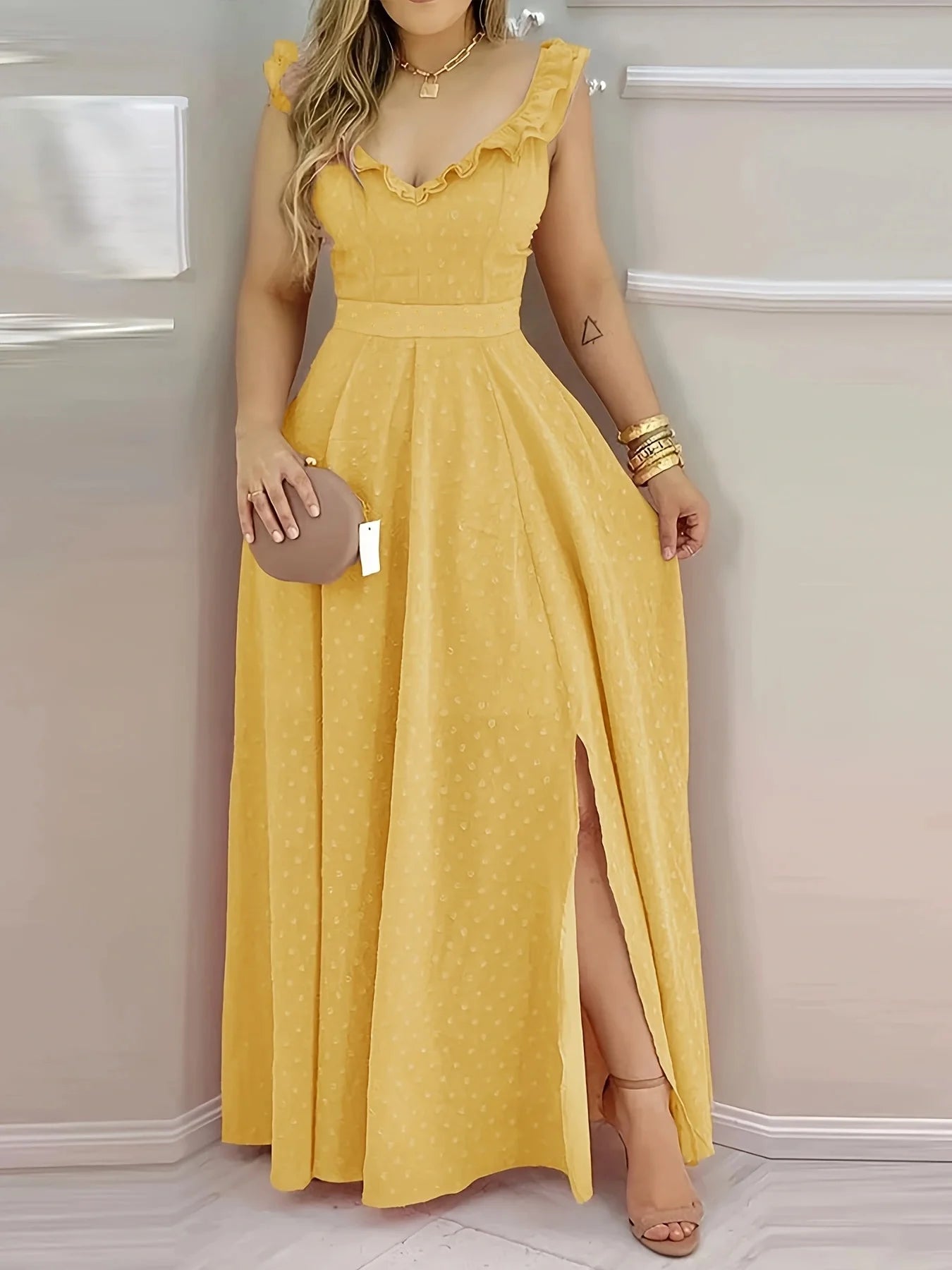 Women's yellow polka dot maxi dress ruffled neckline back tie sides for summer