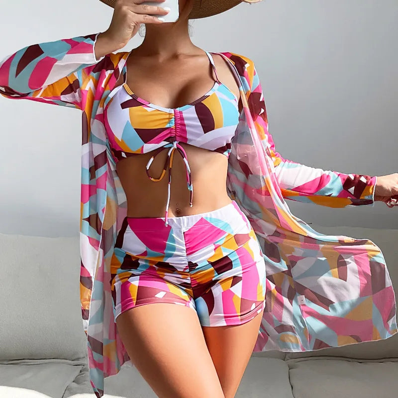 Lady Print Three-Piece Swimsuits Tankini Sets Female Swimwear Push Up For Beach Wear Bathing Suits Pool