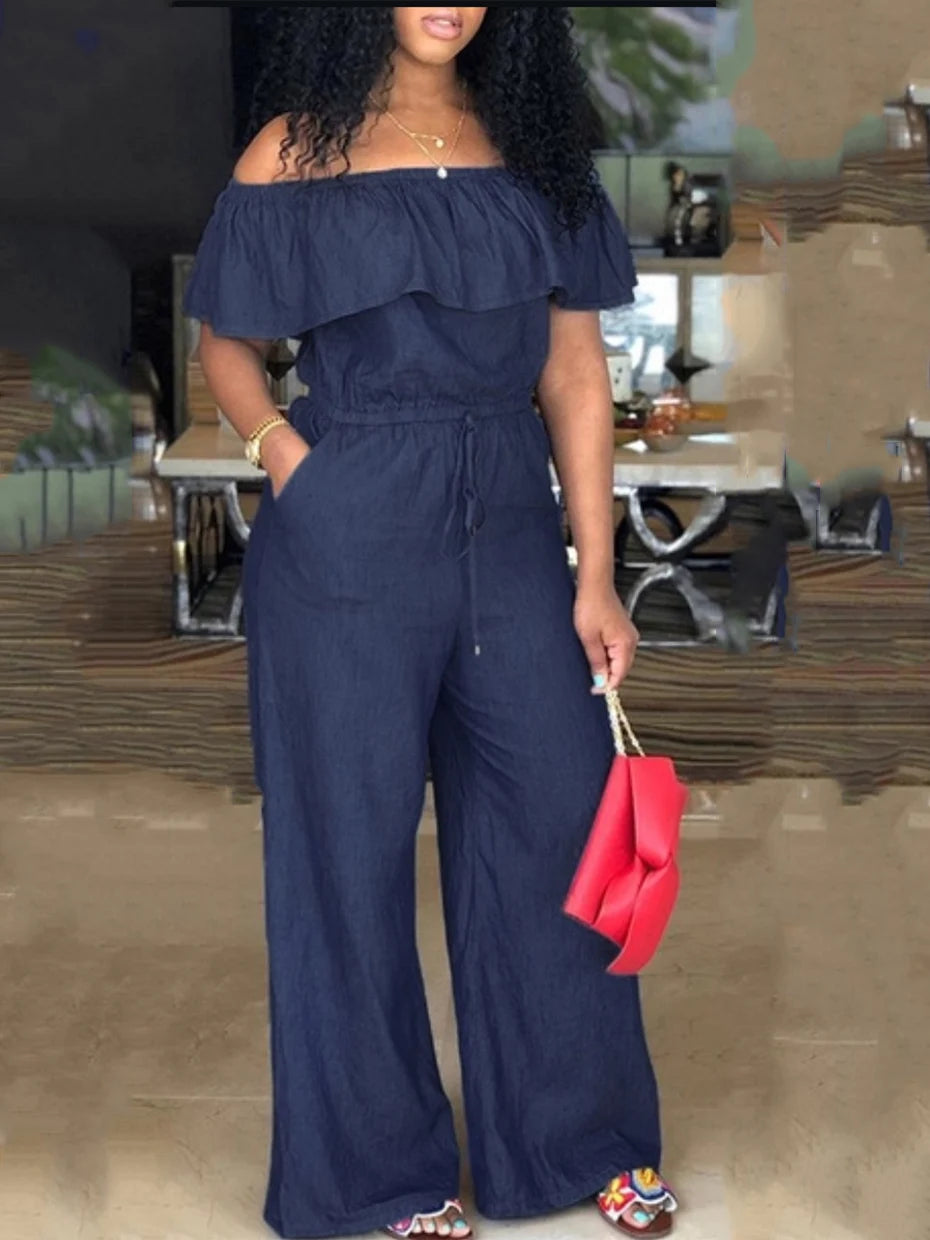 Women's sexy strapless romper-denim wide leg jumpsuit with ruffles summer beachwear