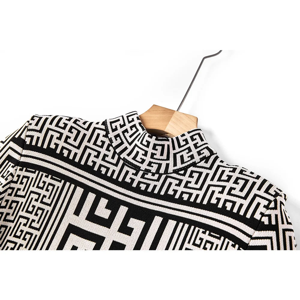 Women New Fall Collection Vintage Geometrical Pattern Breif Design Daily Wearing Casual Knitting High Quality Dressa