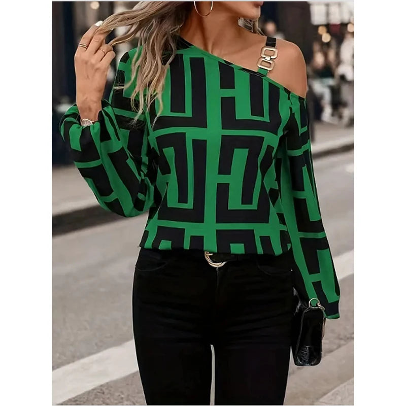 Women elegant Geometric Printed blouse spring neck off shoulder long sleeve hoodie casual shirt