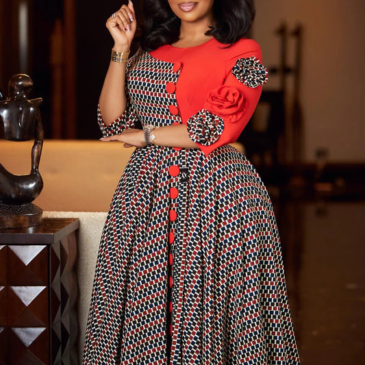Women Elegant Dresses for Fall Fashion African 3/4 Sleeve Party Birthday New  Chic 3D Flower Plaid Evening A-Line Dress