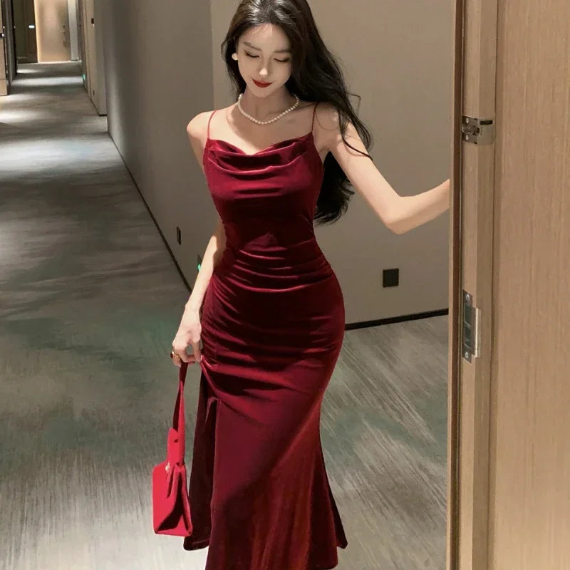 Women Vintage Sexy Club Prom Red  Spaghetti Strap Slit Velvet Beach Bandage Bodycon Midi Dress Party Elegant