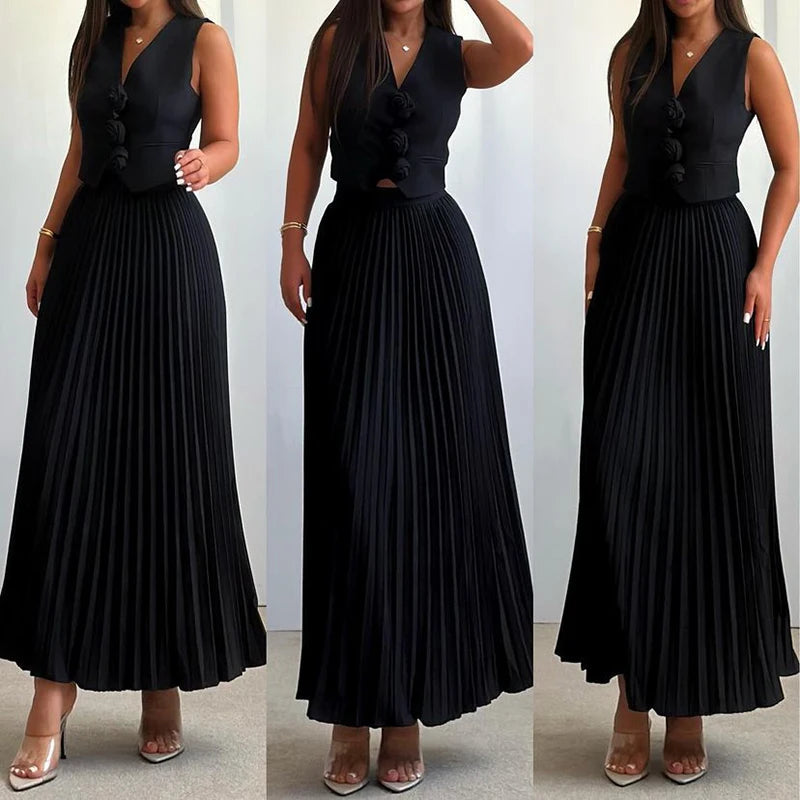 Women Sexy Sleeveless V Neck Vest Match Fold Skirt Suit Fashion Solid Color Commute 2 Piece Set Elegant Lady Formal Occasions Outfits