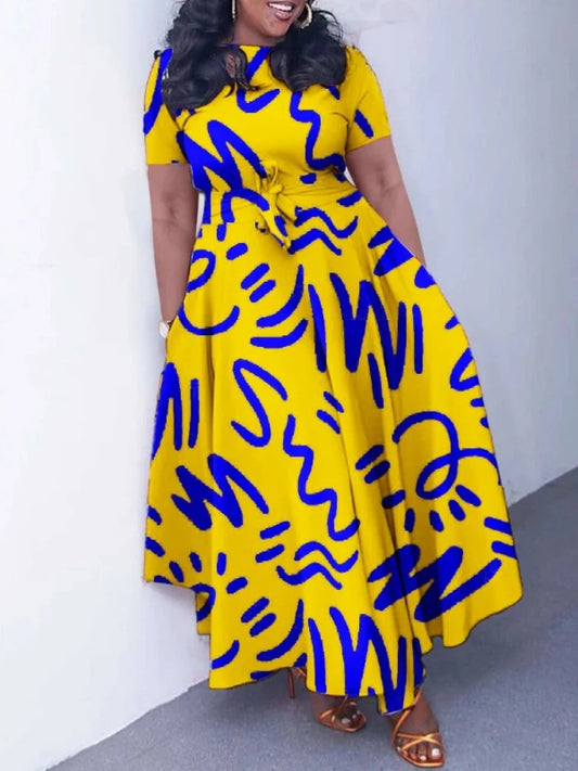Women Dashiki Fashion Belted Maxi Long Party Dress Vintage Printed Sundress Casual Vestidos dress
