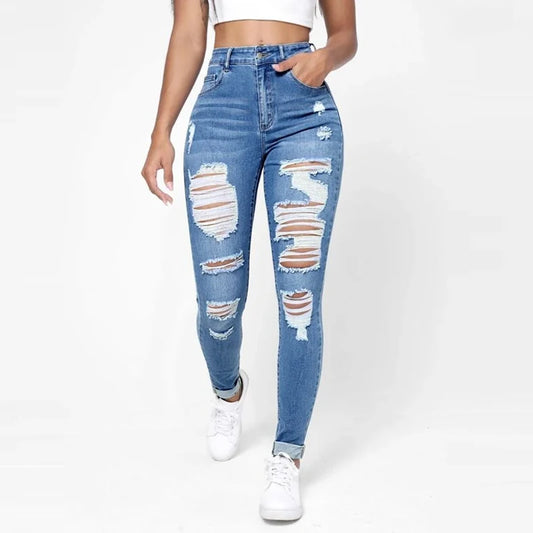 women Ripped Holes Casual Skinny Jeans Autumn, Slash Pockets Distressed Single-Breasted Button Mid Waist Denim Pants