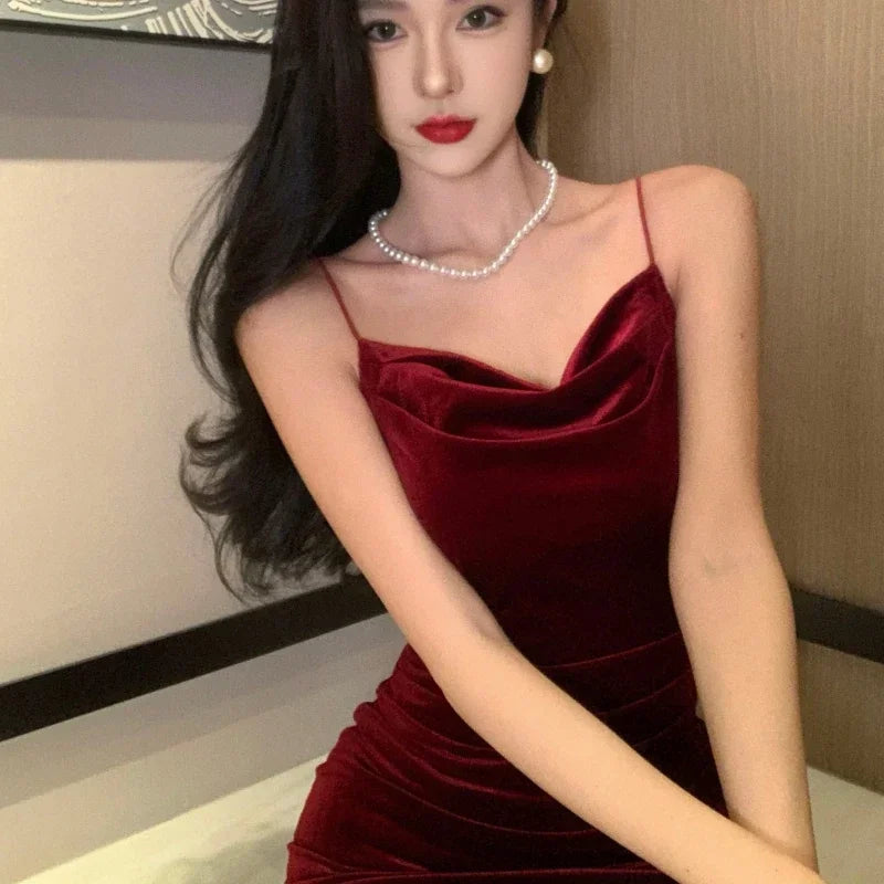 Women Vintage Sexy Club Prom Red  Spaghetti Strap Slit Velvet Beach Bandage Bodycon Midi Dress Party Elegant