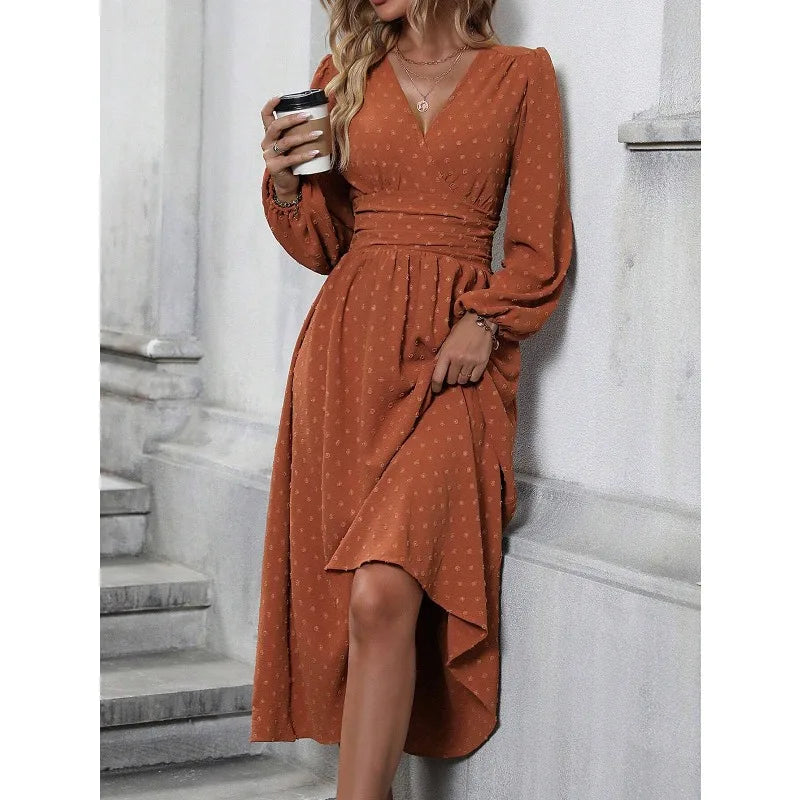 Woman Fall and Winter New Arrival: Off-Shoulder Lantern Sleeve Pleated Long Dress