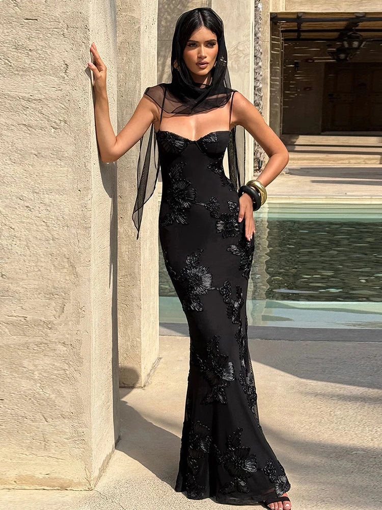 Women  Elegant Flower Embroidery Maxi Dress Low-Neck Cross Bandage Backless Summer Street Trend Skinny Holiday Vestidos