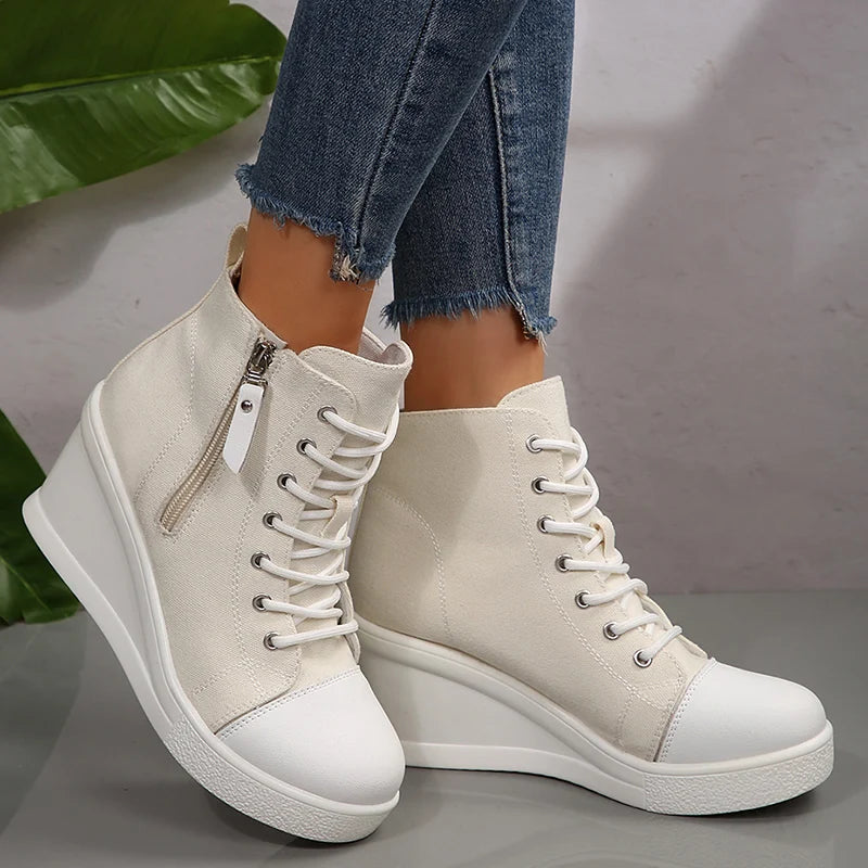 Women Black High Top Canvas Sneakers Shoes Zipper Lace Up Ankle Boots