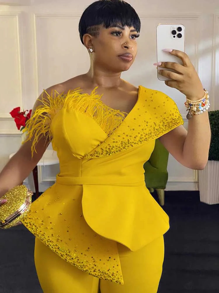 women High Waist Strapless Jumpsuit Rivet Collar Lady Evening and Party  Elegant Sexy Birthday Jumpsuit