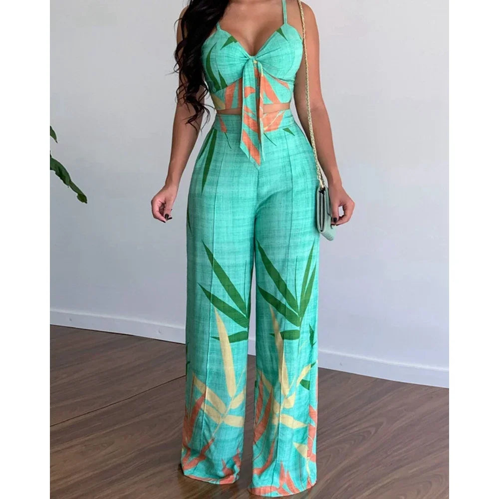 Women Summer Tropical Print Spaghetti Strap Casual Lace up Back Top &High Waist Pants Set 2 Pieces Suit Sets