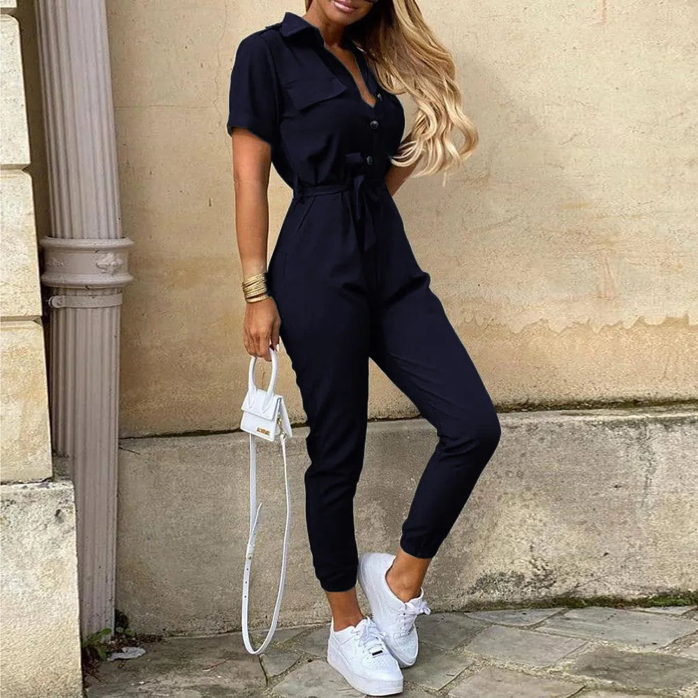New Women jumpsuit casual workwear summer romper with print button up lapel waist belt slim fit onepiece