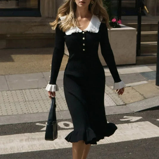 women Retro Ladylike Knitted Dress with Lace Hem Autumn Winter New Style Full Sleeve Knee Length Midi Dress Polyester Fiber Dress