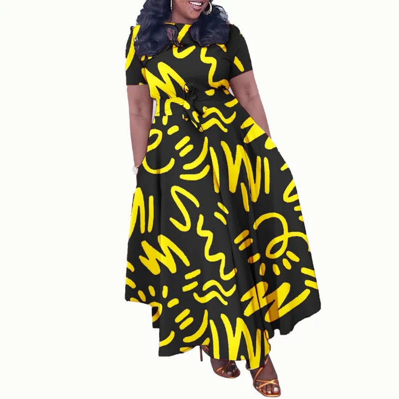 Women Dashiki Fashion Belted Maxi Long Party Dress Vintage Printed Sundress Casual Vestidos dress