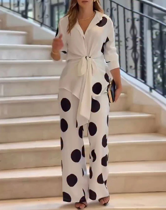 Women Summer 2 PIECES outfit polka  dot pattern long sleeve waist tied  blouse and casual wide leg pant