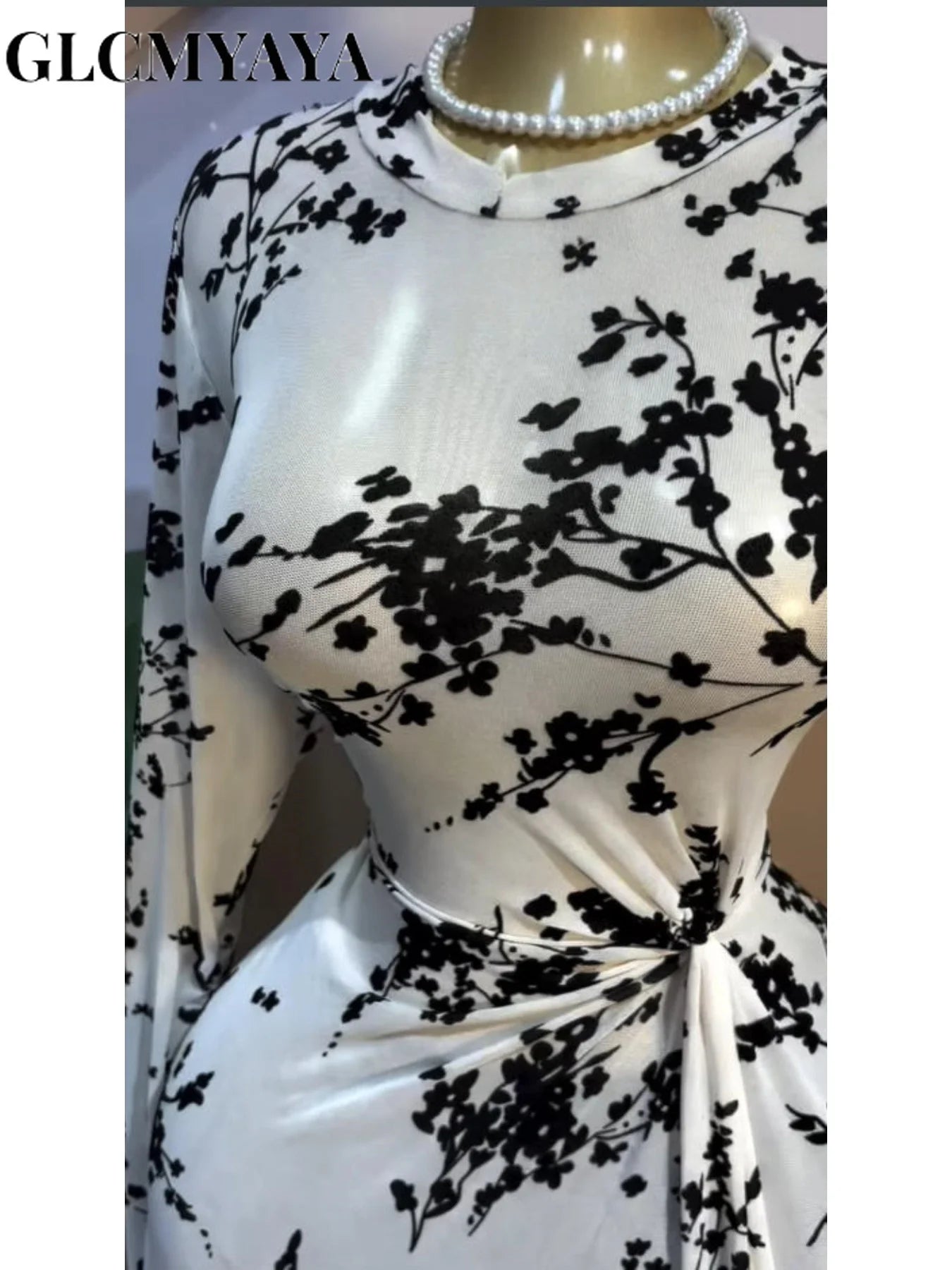 GLCMYAYA Women Floral Flocking O-neck Drap Waist Maxi Long A-line Dresses