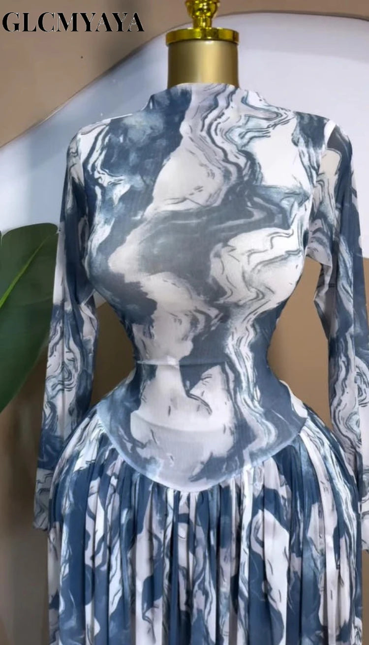 Women CM.YAYA Long Sleeve Tie Dye Print O-neck Big Swing Midi A-line Long  Evening Birthday Party Dresses