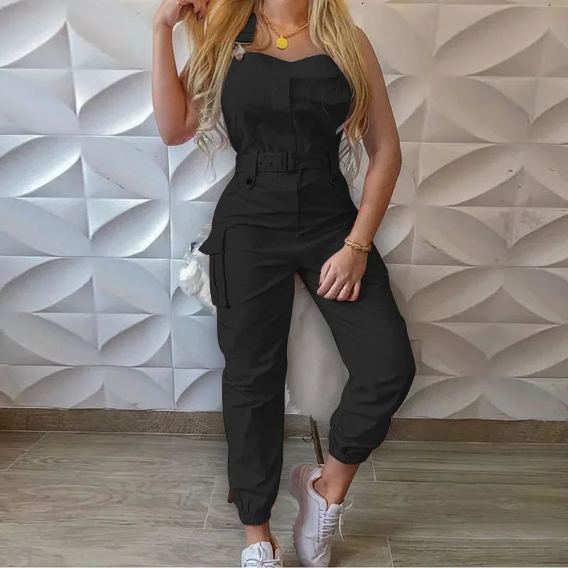 Women Fashion Strap Jumpsuit  Loose Dungarees Long Rompers Summer Solid Pockets Cargo Pants