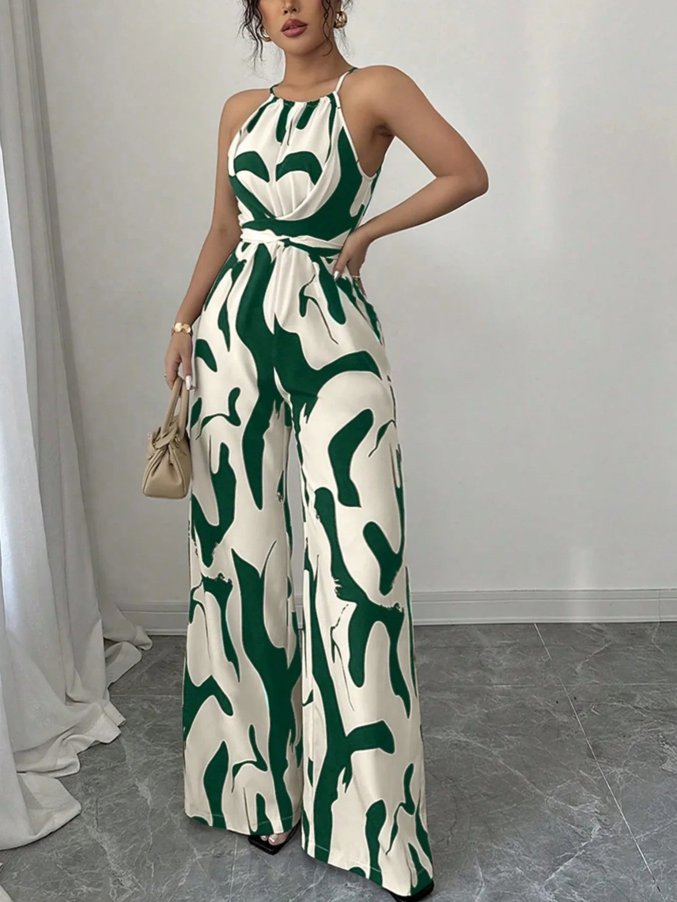 Women High end summer new retro versatile lace up waist slimming printed hanging neck jumpsuit