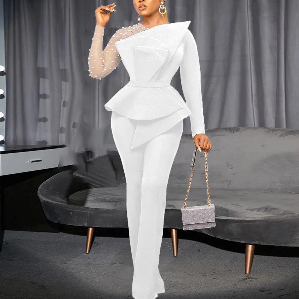 Women Luxury Jumpsuits & Rompers for Round Neck Beaded Transparent Sleeve High Waisted Elegant
