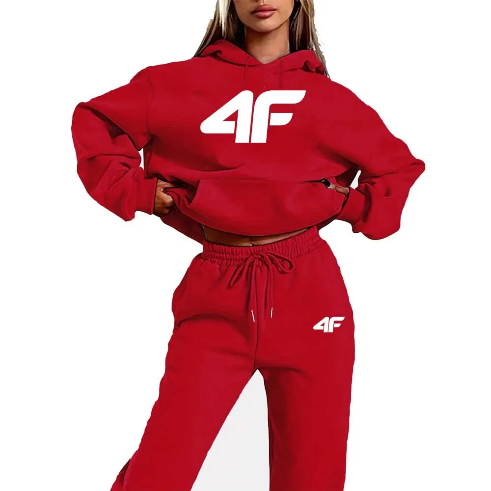 Women'S Thickened And Fleece-Lined Autumn And Winter Sweatshirt And Pants Set, Featuring a Kangaroo Pocket for Warmth