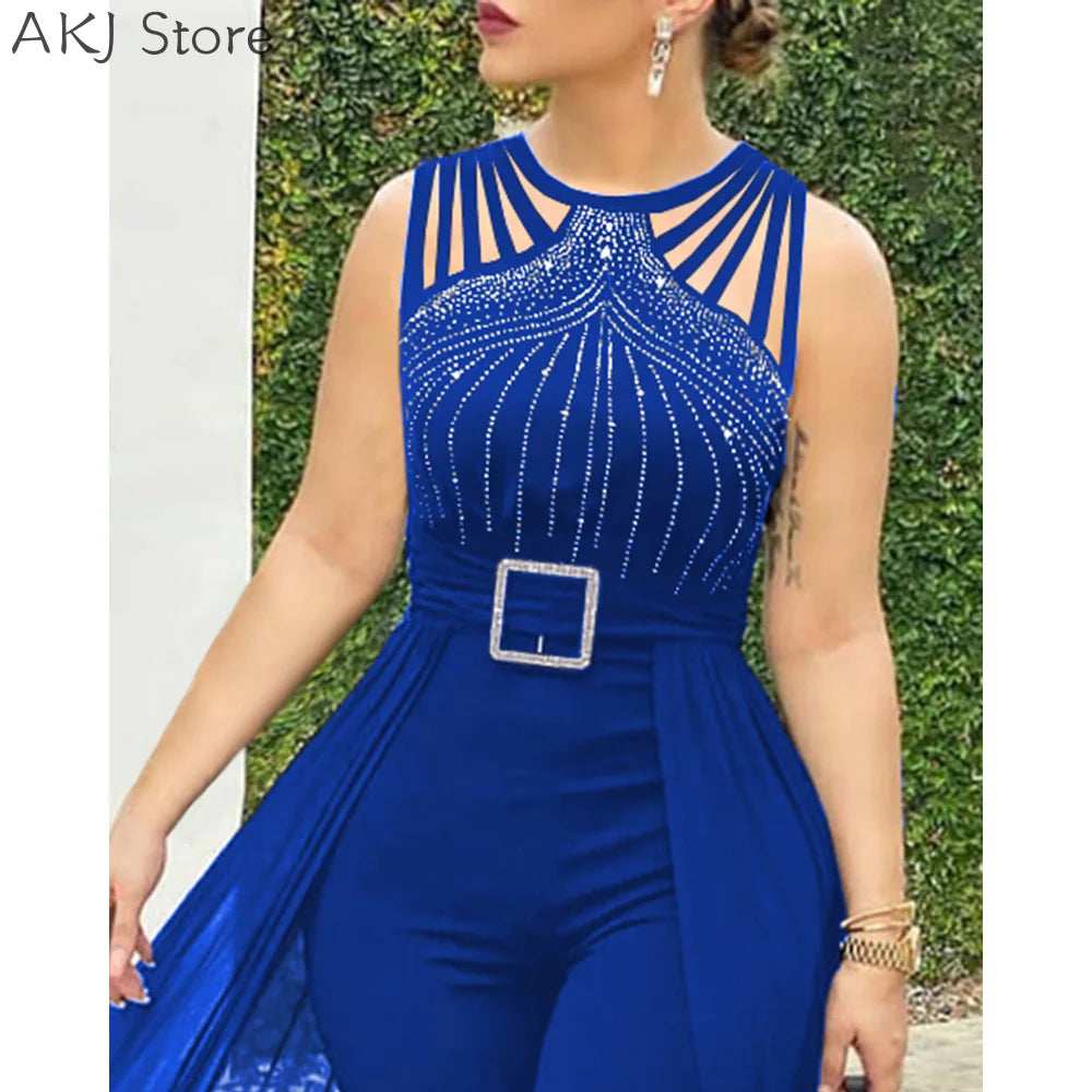 Women's sexy round neck rhinestone sheer mesh sleeveless with belt jumpsuit